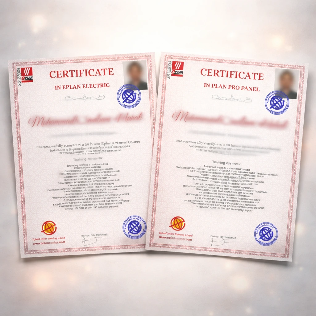 | EPLAN Center EPLAN course certificate showing official completion of industrial electrical training with verification code and EPLAN Electric and Pro Panel certification